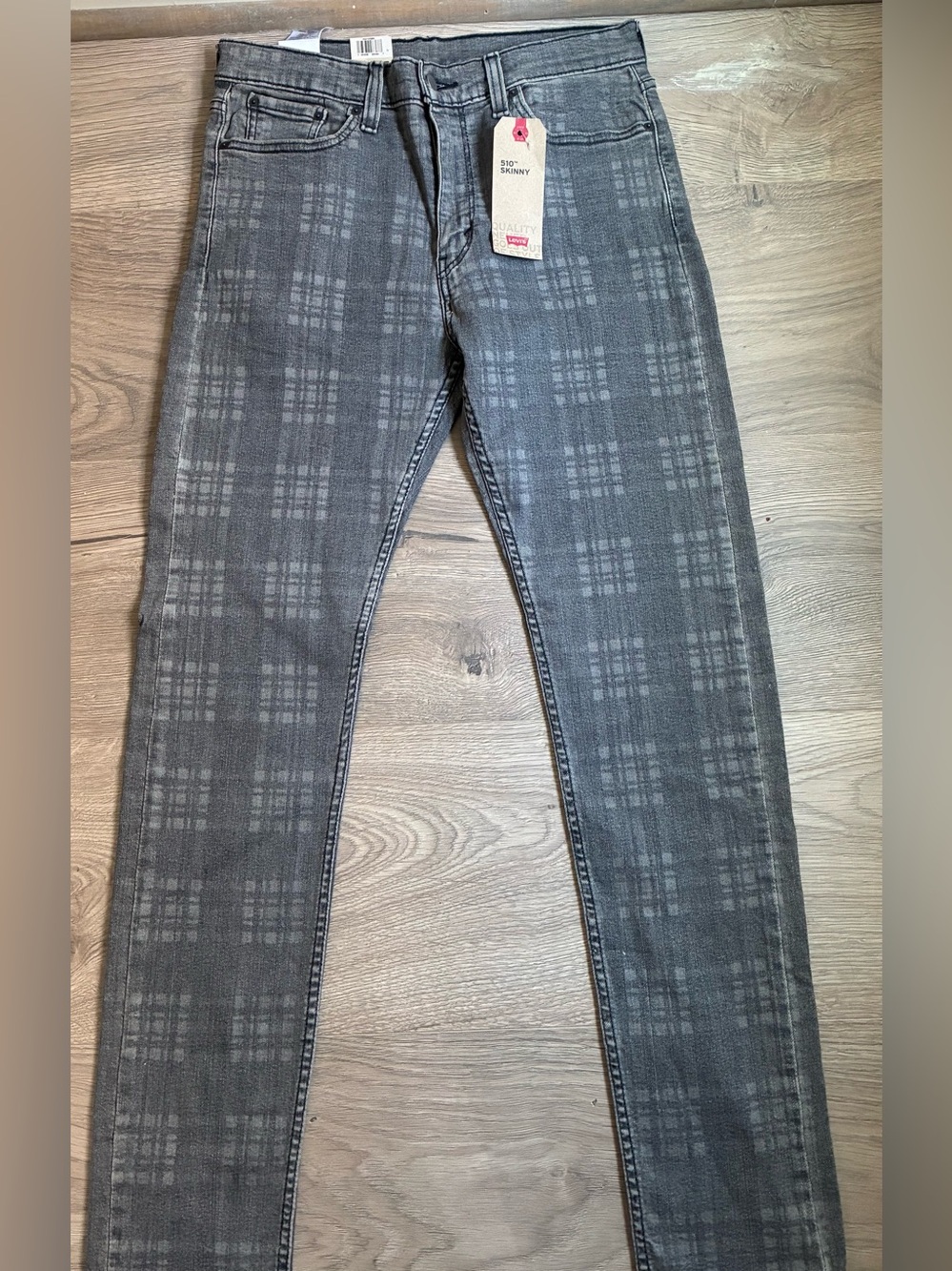 NWT Levi’s 510 Skinny Gray Plaid Stretch 33x34 Missing Red Tag Back Pocket